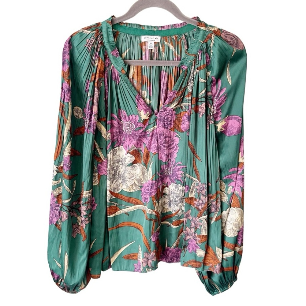 Anthropologie Green Pleated Long Sleeve Blouse